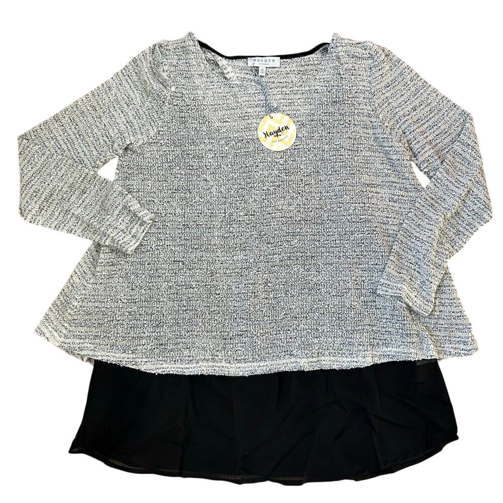 Hayden Los Angeles Layered Knit‎ Top Size M Grey Black Split Back Mixed Media